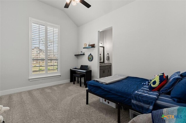 12 Lago Viento Ln, Belton, TX 76513 - bedroom with a ceiling fan, lofted ceiling, baseboards, ensuite bathroom, and carpet flooring