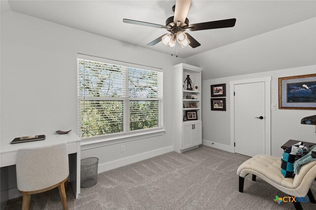 12 Lago Viento Ln, Belton, TX 76513 - sitting room featuring baseboards, a ceiling fan, lofted ceiling, and light carpet