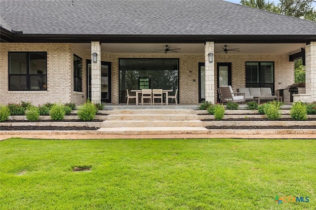 12 Lago Viento Ln, Belton, TX 76513 - exterior space with brick siding, ceiling fan, and roof with shingles
