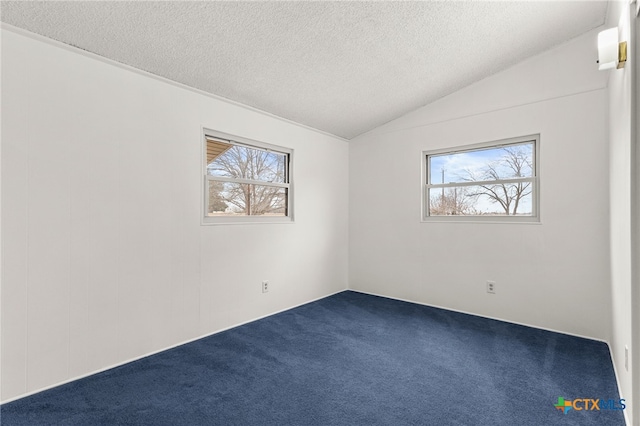 carpeted spare room featuring vaulted ceiling and a textured ceiling