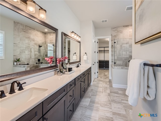 bathroom featuring vanity, a shower with door, and plenty of natural light