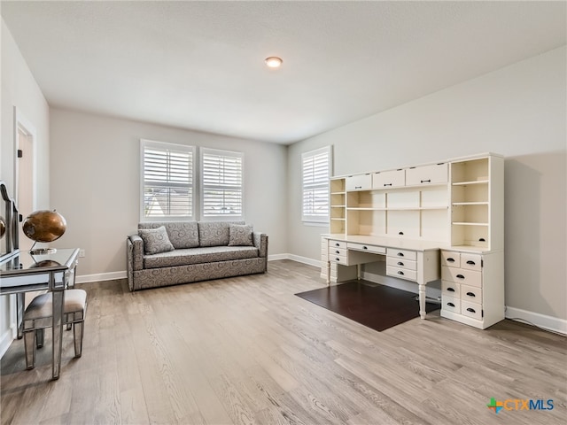 home office with light hardwood / wood-style floors