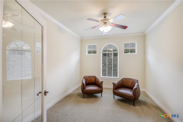 living area with ceiling fan, carpet, and ornamental molding