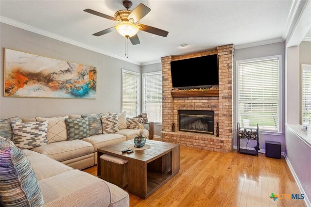 living area featuring ceiling fan, crown molding, a fireplace, baseboards, and light wood-style flooring