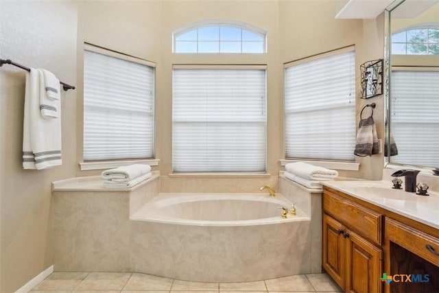 bathroom with vanity, tile patterned floors, and a bath