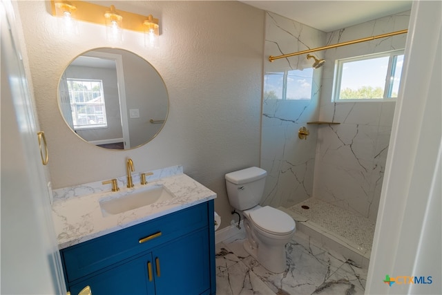 bathroom with toilet, vanity, a wealth of natural light, and a tile shower