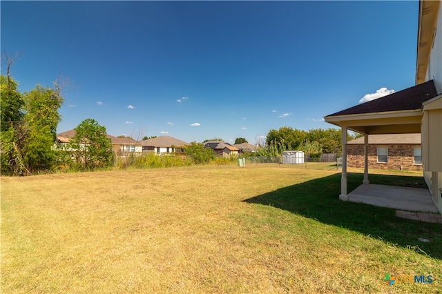 view of yard featuring a patio area and a storage unit