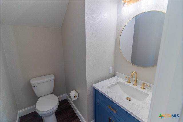 bathroom featuring wood-type flooring, toilet, and vanity