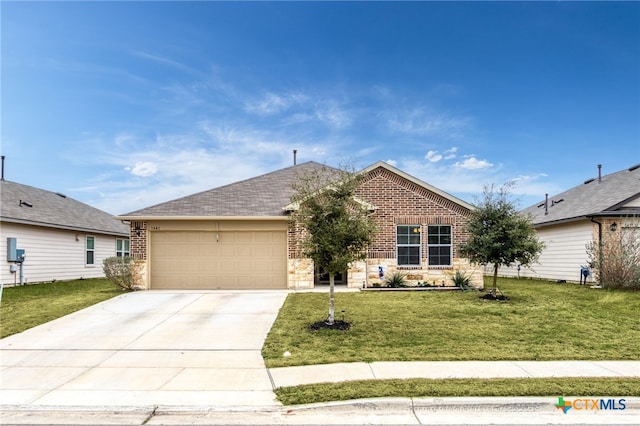 ranch-style house with a front lawn and brick siding