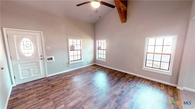 entryway with high vaulted ceiling, ceiling fan, dark hardwood / wood-style floors, and beam ceiling