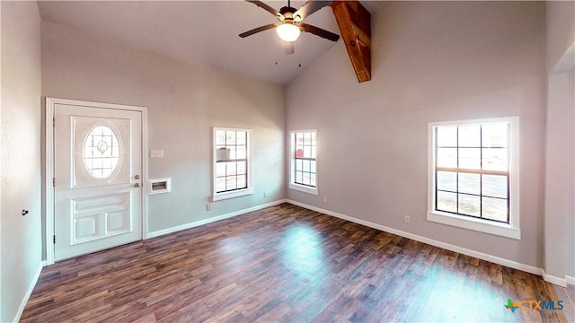 entrance foyer with dark wood-type flooring, beamed ceiling, high vaulted ceiling, and ceiling fan