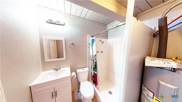 bathroom featuring electric water heater, vanity, curtained shower, and toilet