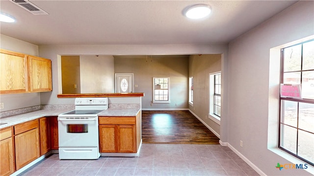 kitchen featuring light hardwood / wood-style flooring, kitchen peninsula, and electric stove