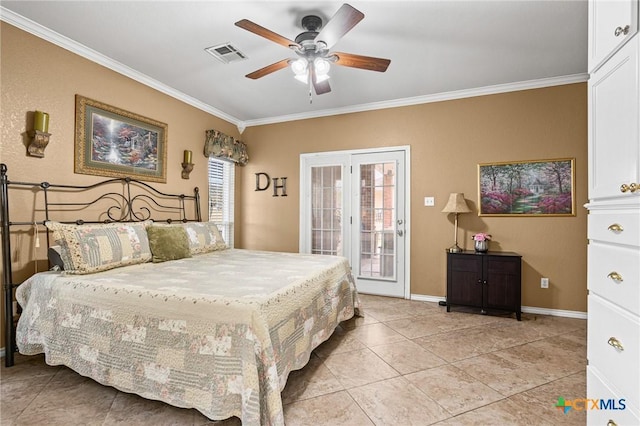 bedroom with access to exterior, baseboards, visible vents, ornamental molding, and light tile patterned floors