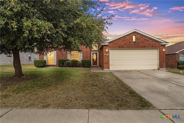 view of front of house featuring a garage and a lawn