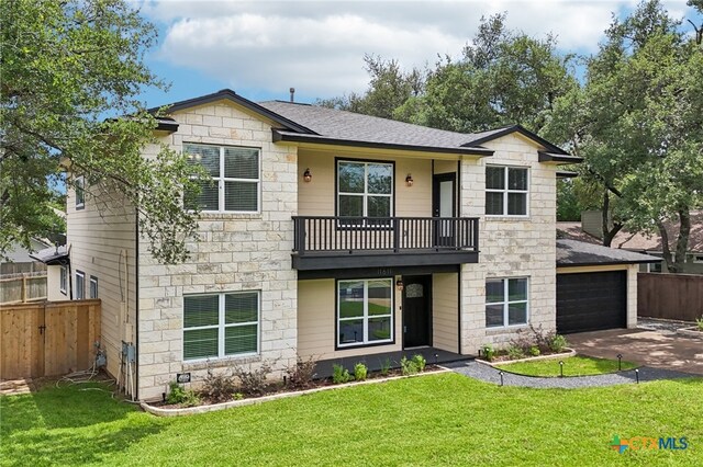 11611 Quarter Horse Trl, Austin, TX 78750 - view of front of house featuring a balcony, stone siding, concrete driveway, a garage, and a shingled roof