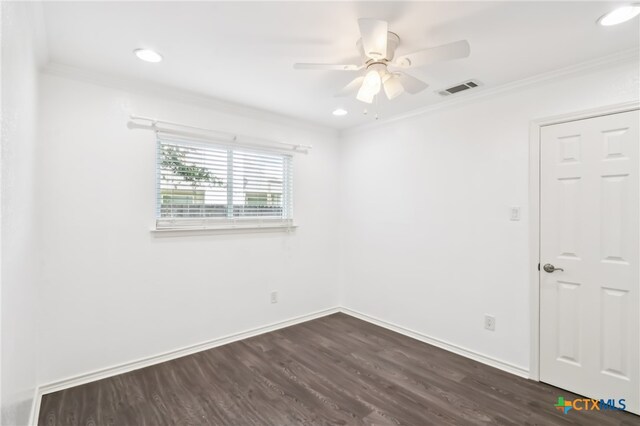 11611 Quarter Horse Trl, Austin, TX 78750 - empty room with ornamental molding, dark wood-style floors, ceiling fan, and recessed lighting