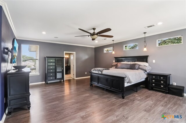 11611 Quarter Horse Trl, Austin, TX 78750 - bedroom featuring wood finished floors, crown molding, recessed lighting, and a ceiling fan
