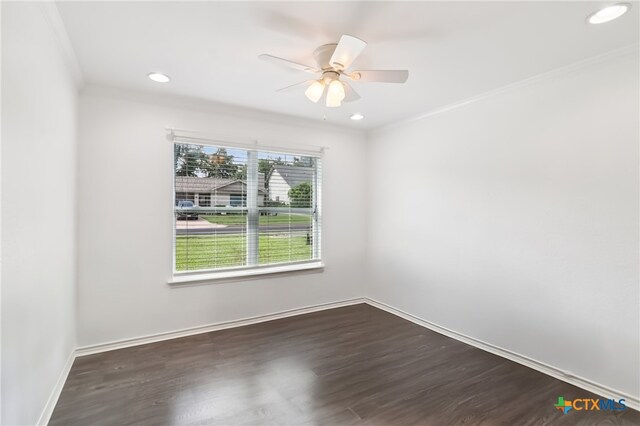 11611 Quarter Horse Trl, Austin, TX 78750 - spare room featuring dark wood-style floors, recessed lighting, ceiling fan, and ornamental molding