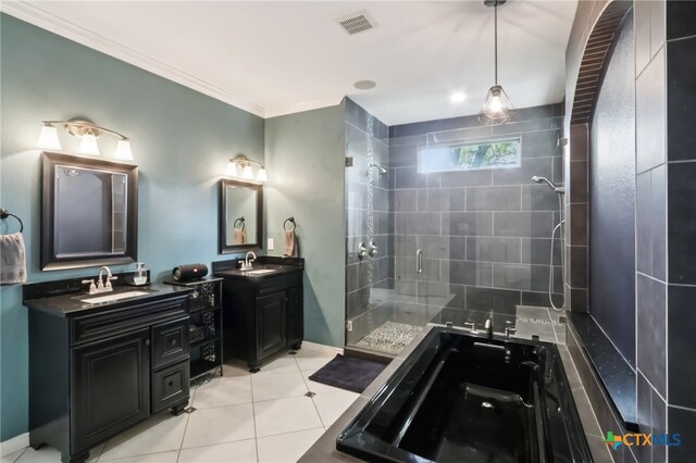 11611 Quarter Horse Trl, Austin, TX 78750 - bathroom with a stall shower, two vanities, ornamental molding, and tile patterned flooring