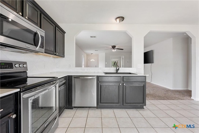 6008 Horne Dr, Killeen, TX 76542 - kitchen featuring a sink, appliances with stainless steel finishes, visible vents, light countertops, and a ceiling fan