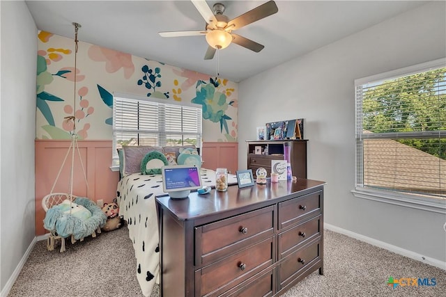 5010 Fallen Tree Dr, Temple, TX 76502 - bedroom with light carpet, baseboards, wallpapered walls, and a ceiling fan