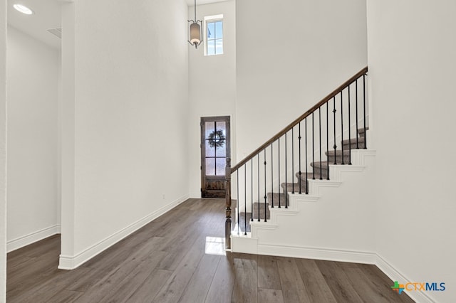 entrance foyer featuring plenty of natural light, a towering ceiling, and hardwood / wood-style floors