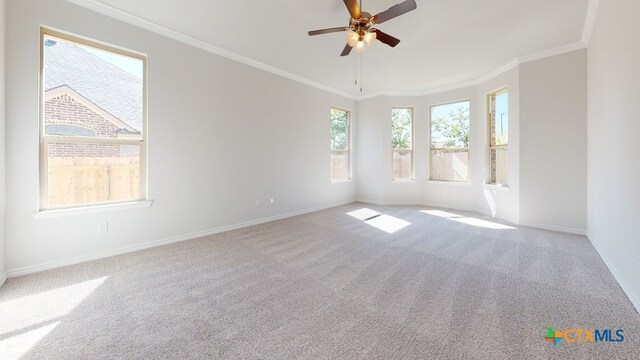 carpeted empty room featuring baseboards, ornamental molding, and a ceiling fan