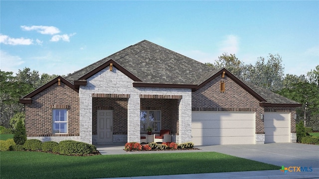view of front of house with stone siding, driveway, a front lawn, brick siding, and a garage