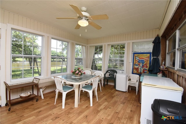 sunroom / solarium with ceiling fan and a healthy amount of sunlight