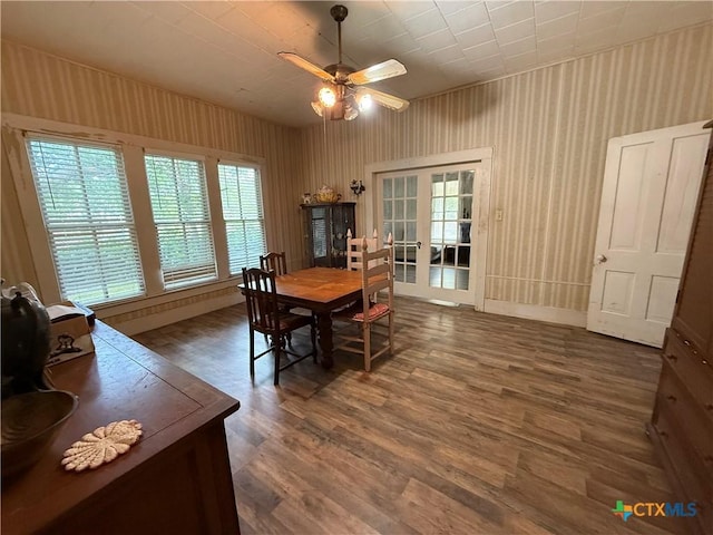 202 S Virginia St, Port Lavaca, TX 77979 - dining space featuring plenty of natural light, ceiling fan, dark wood-style floors, and french doors