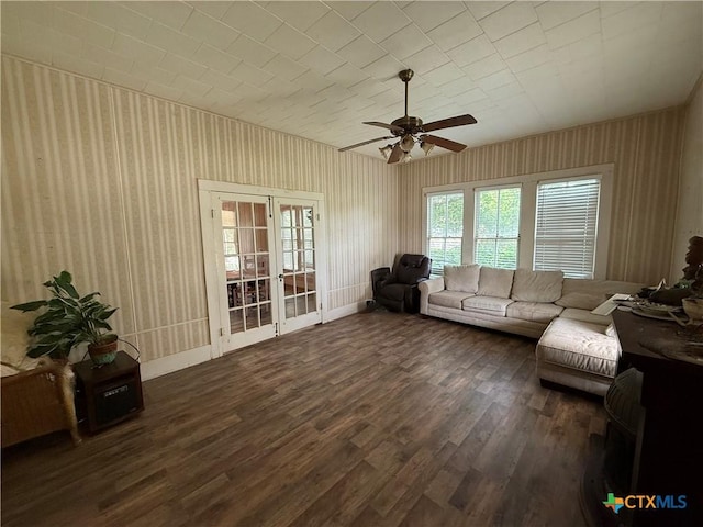 202 S Virginia St, Port Lavaca, TX 77979 - living room featuring ceiling fan, dark wood-type flooring, and french doors