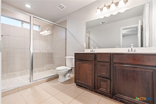 bathroom featuring visible vents, a stall shower, a sink, tile patterned flooring, and toilet