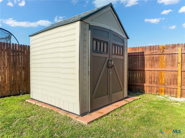 view of shed with a fenced backyard