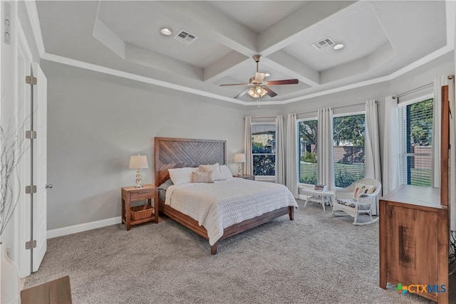 bedroom with ceiling fan, beamed ceiling, light colored carpet, and coffered ceiling