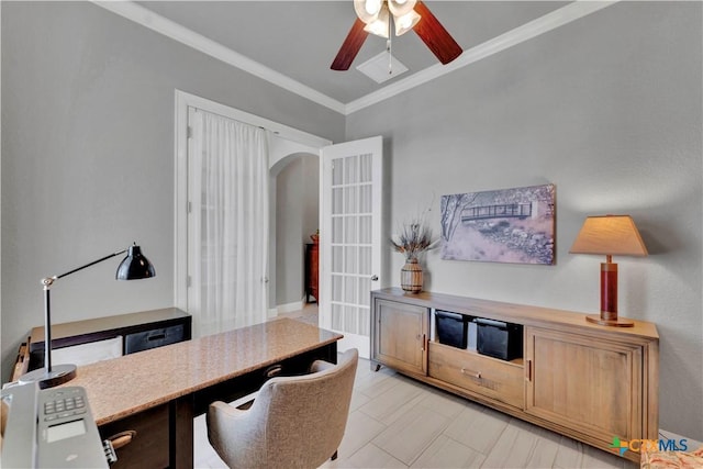 home office with ceiling fan, ornamental molding, and french doors