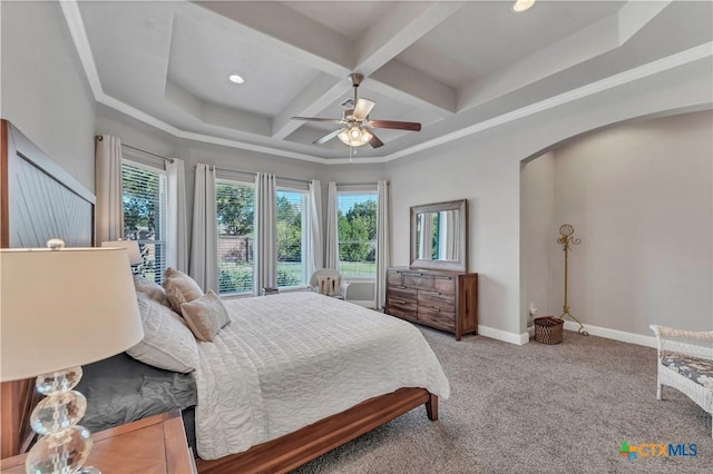 bedroom featuring beam ceiling, carpet floors, ceiling fan, and coffered ceiling