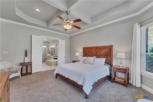 bedroom featuring beam ceiling, ensuite bath, ceiling fan, coffered ceiling, and light colored carpet