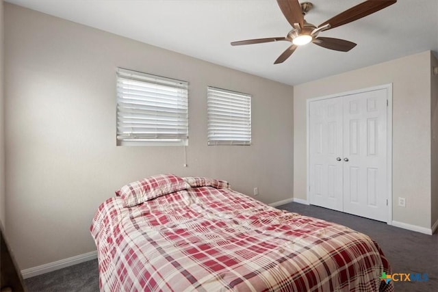 4203 Rambling Range Dr, Killeen, TX 76549 - bedroom with dark carpet, a closet, and a ceiling fan