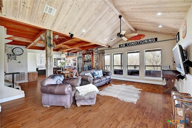 living area featuring wood ceiling, ceiling fan, and wood-type flooring