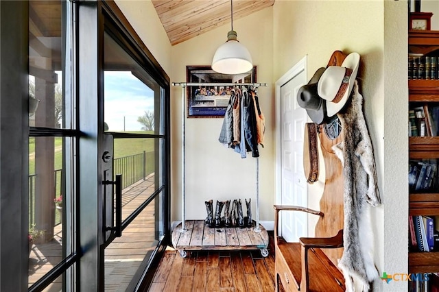 mudroom with wooden ceiling, lofted ceiling, and wood finished floors