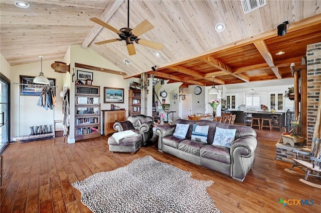 living room featuring wooden ceiling, hardwood / wood-style flooring, and a ceiling fan