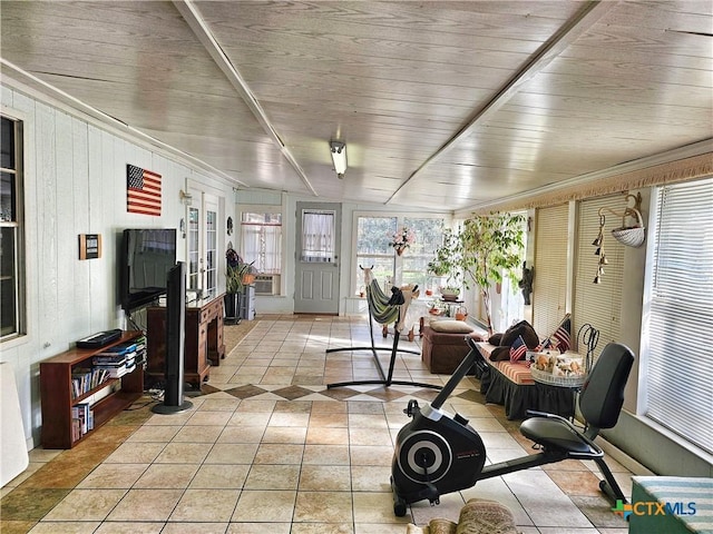 sunroom / solarium featuring french doors and wood ceiling