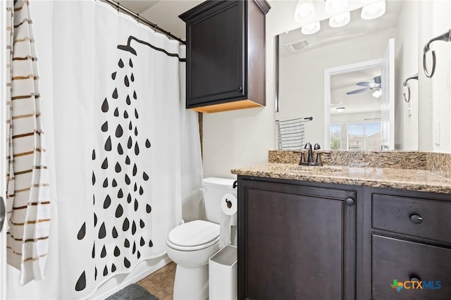 full bathroom featuring vanity, tile patterned flooring, visible vents, toilet, and ceiling fan