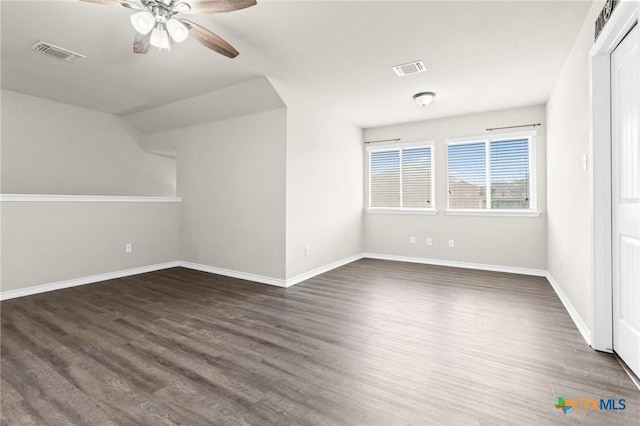 bonus room with visible vents, baseboards, ceiling fan, and wood finished floors