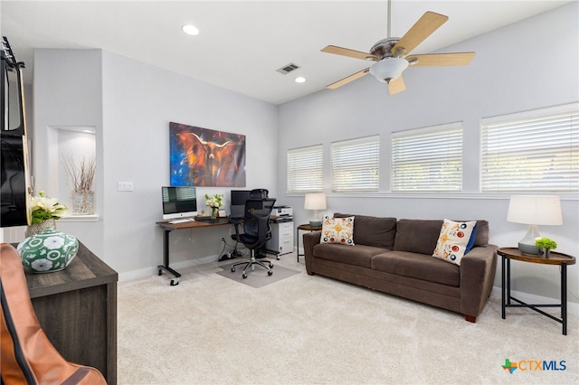 office with carpet flooring, visible vents, ceiling fan, baseboards, and recessed lighting