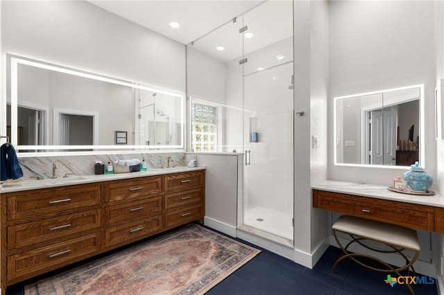 bathroom with tasteful backsplash, vanity, recessed lighting, and a stall shower