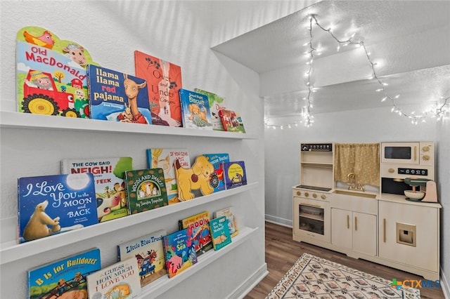 playroom with a sink, a textured ceiling, and wood finished floors