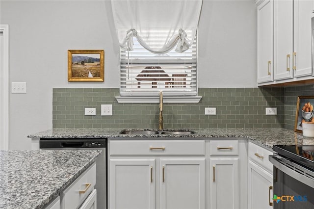 kitchen with tasteful backsplash, white cabinetry, stainless steel dishwasher, and a sink