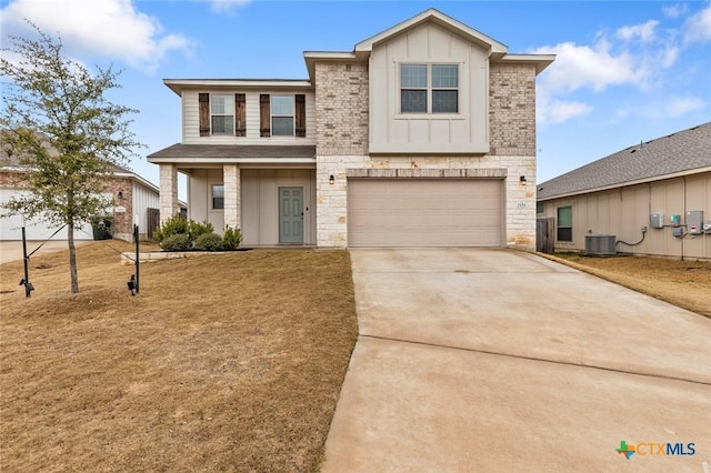 view of front facade featuring cooling unit, driveway, an attached garage, stone siding, and board and batten siding